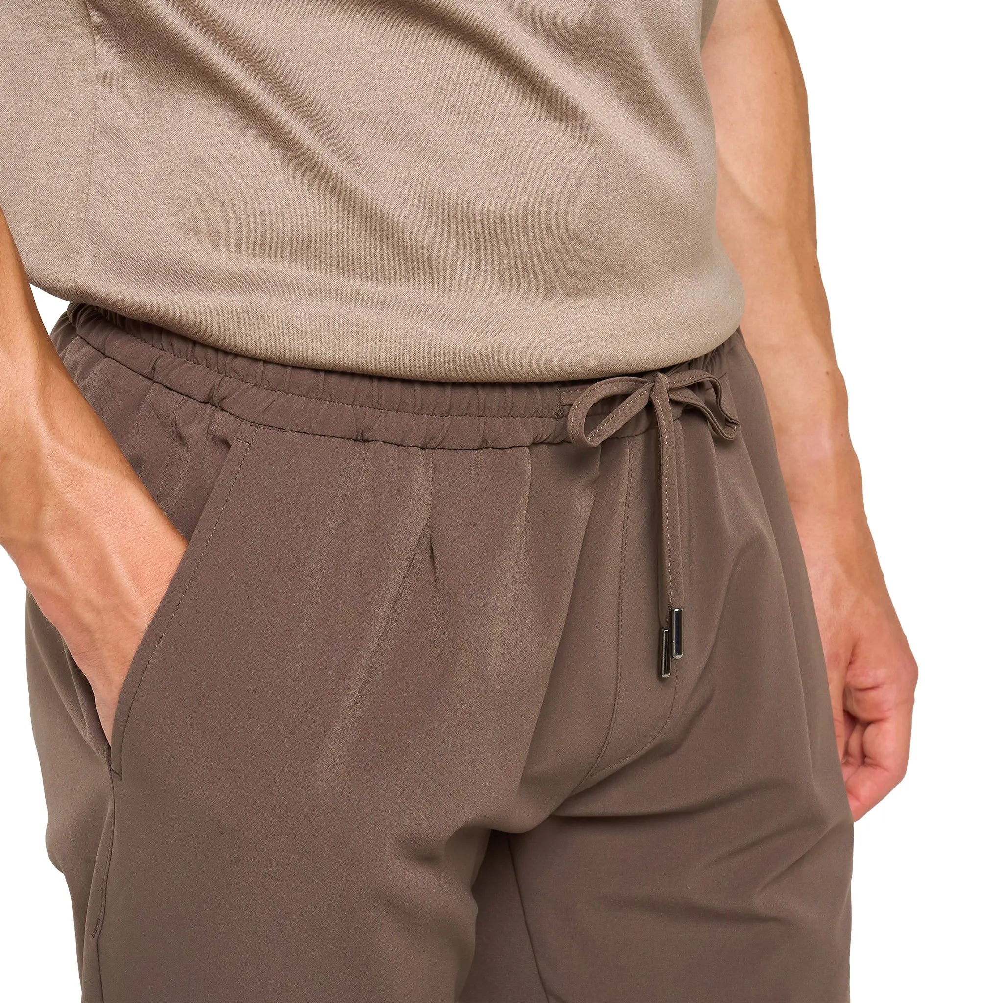 Detailed Front Side View of Loiano Tech Taupe Trousers